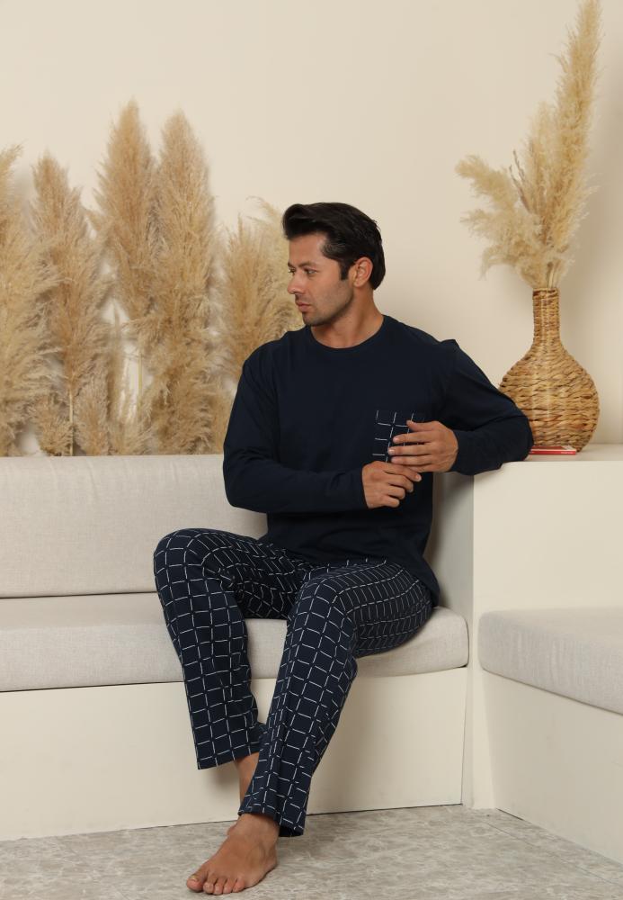 Pijama Barbati ,Maneca si Pantaloni Lungi, Culoare Bleumarin cu Alb,Engros